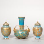 Three Derby Porcelain Powder Blue Vases, England, 1889-1890, each with raised gilt decoration, a