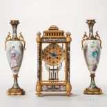 Dore Bronze, Porcelain, and Champleve Three-piece Clock Garniture, France, 19th and 20th century,