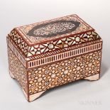 Iberian Inlaid Table Casket, 20th century, canted and hinged lid with mother of pearl inlaid