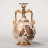 Royal Worcester Porcelain Ivory-ground Vase, England, c. 1883, bottle shape with scrolled handles,