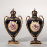 Pair of Kerr & Binns Worcester Porcelain Vases and Covers, England, c. 1860, gilt trim to cobalt