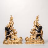 Pair of Patinated- and Gilt-bronze Chenets, modern, putti holding garlands against backgrounds