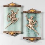 Pair of Art Deco-style Dore Bronze Wall Sconces, with silver gilt dancing classical figures to glass