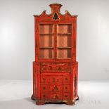 Painted and Gilded Chinoiserie Secretary Bookcase, Continental, 19th century, the scalloped pediment