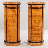 Pair of Neoclassical-style Burlwood Oval Hat Cabinets, modern, applied painted accents, right- and