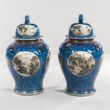 Pair of Large Chinese Baluster Vases, modern, blue glaze with overall gilt decoration depicting