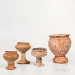 Four Ban Chiang Red-painted Earthenware Vessels, Thailand, three bowls each resting on a pedestal s