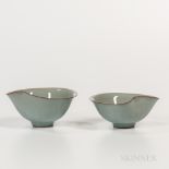 Pair of Kawase Shinobu (b. 1950) Celadon Wine Cups, Japan, the shallow bowl with a lotus leaf-inspi