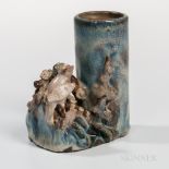 Shiwan Ware-style Brush Holder, China, cylindrical, combined with a rockwork water pot or inkwell w