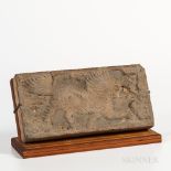 Tomb Pottery Tile, China, gray earthenware depicting a mythical beast in low relief, with stand, lg