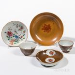 Five Export Batavia Brown-glazed Dishes and Cups, China, 19th century, a set of cup and saucer with