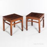 Pair of Hardwood Corner-leg Stools, China, 20th century, wood panels set in rectangular frames, con