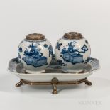 Blue and White Ceramic and Brass-mounted Inkwell, China and Europe, 19th/20th century, two small gl