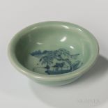 Celadon Dish, China, low bowl-shape with flaring mouth on a raised foot, the well with a landscape