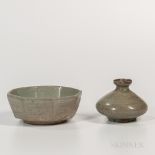 Two Celadon-glazed Items, Korea, Goryeo dynasty, an octagonal sanggam dish decorated with a double