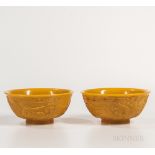 Pair of Yellow Peking Glass Bowls, China, 19th century, on a short splayed foot, decorated with a l