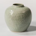 Celadon-glazed Jar, China, 20th century, bulbous form with short raised neck, on a bisque foot ring