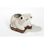 Large White Biscuit Porcelain Toad, China, with beaded back and black-glazed eyes, bisque interior