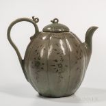 Celadon Sanggam Inlaid Ewer and Cover, Korea, possibly 13th century, eight-lobed melon-shape, with