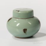 Tobi Seiji Celadon Chai-re, Japan, 20th century, compressed globular form, the circular cover with