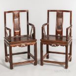 Pair of Hardwood Armchairs, China, late 20th century, curved crest rail, S-shaped splat, curved arm