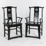 Pair of Lacquered Yoke-back Armchairs, China, 20th century, crest rails ending in spiral carved "ea