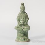 Crackled Celadon-glazed Figure of Guanyin, China, seated cross-legged on a lotus above a turtle, wi