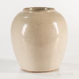 Cream-glazed Jar, China, oval with rolled rim, slightly raised bisque foot and base, fine allover c