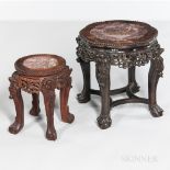 Two Marble-top Hardwood Stands, China, late 19th/early 20th century, lobed rose marble panel set in
