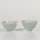 Pair of Sueharu Fukami (b. 1947) Pale Celadon Wine Cups, Japan, conical, the circular rim with an o