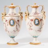 Pair of Wedgwood Emile Lessore Decorated Queen's Ware Vases and Covers