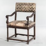 Louis XIII Walnut Upholstered Open Armchair