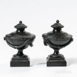 Pair of Wedgwood & Bentley Black Basalt "Sugar Dish" Vases and Covers