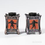 Pair of Wedgwood Encaustic Decorated Black Basalt Bough Pots and Covers