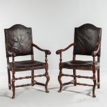 Pair of Continental Baroque Leather-upholstered Open Armchairs