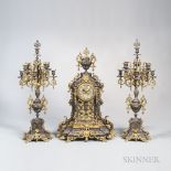 Three-piece Bronze and Silver-plate Clock Garniture