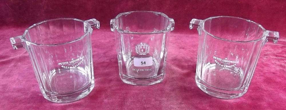 A pair of Petite Liquorelle 'Moet & Chandon' glass ice buckets and a 'Benedictine' one