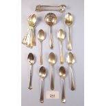 A set of nine silver coffee spoons London 1912, 100g and a group of various silver spoons etc 137g.