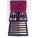 A silver plated set of six teaspoons and tongs and a set of six tea knives - both boxed