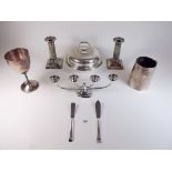 A pair of silver plated candlesticks 'Steeple Chase' prize, a trophy cup and tankard and other