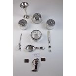 A group of silver and silver plated items including three silver and cut glass dressing table