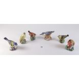Six Royal Worcester birds comprising: wren, robin, goldcrest, blue tit, wood warbler and nuthatch