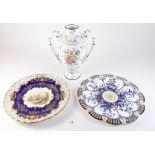 A Coalport two handled vase with floral painted decoration and two Victorian Coalport plates - one
