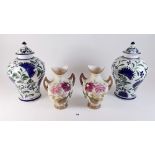 Two Librasco vases and covers with blue and green floral decoration 22cm high and a pair of