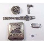 A group of white metal Niello ware from Iraq, 1942 - including bracelet, cigarette box plus silver