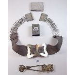 A silver plated and leather nurses belt, a silver plated cigarette case, a chatelaine hook and vesta