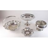 A silver plate comport, cake basket, pierced dish and rose bowl