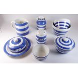 A group of Cornishware by T G Green including butter dish, milk jug, two pudding basins, sugar bowl,