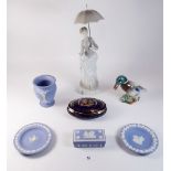 Four items of Wedgwood Jasperware, a Nao figure and a duck