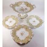 A Victorian floral dessert service painted flowers within grey reserves comprising: tall comport,